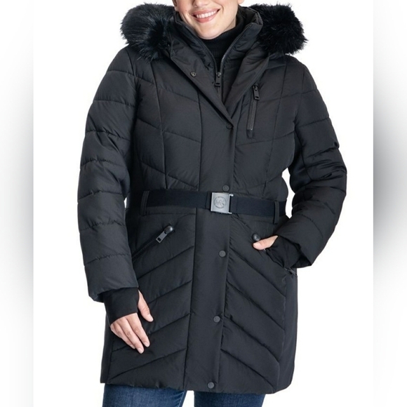 MICHAEL MICHAEL KORS Plus Size Belted Faux-Fur-Trim Hooded Puffer Coat, Size XXL - Picture 1 of 15